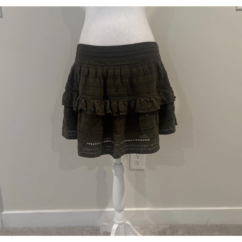 Aerie Green Mini Skirt L Whimsigoth Tiered Ruffle Lace Crochet Elastic Waist New